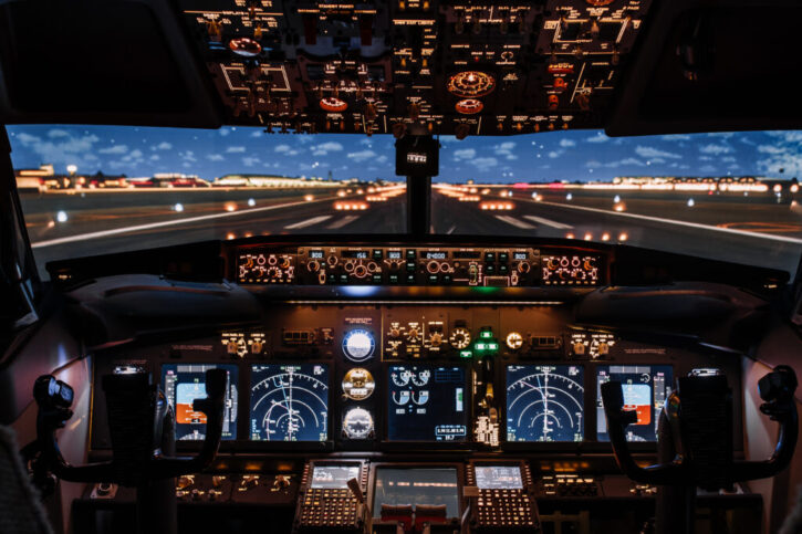 Dramatic Full view of cockpit modern Boeing aircraft before take-off. Airplane is ready to fly. Night shot in cabin. Safety flight